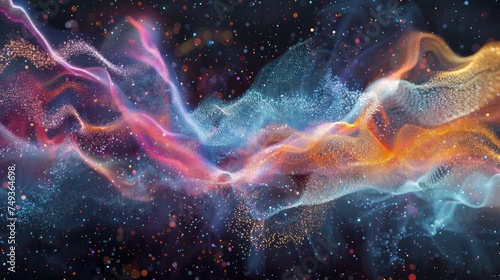 Digital art capturing the swirling motion of cosmic dust and nebulae, rendered in a spectrum of vivid, sparkling colors against the dark void of space.