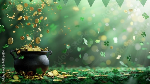 st. Patrick's day green background with black pot and gold conies. a background with shamrocks.