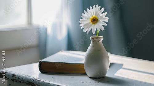White daisy in a vase on a window sill with a book