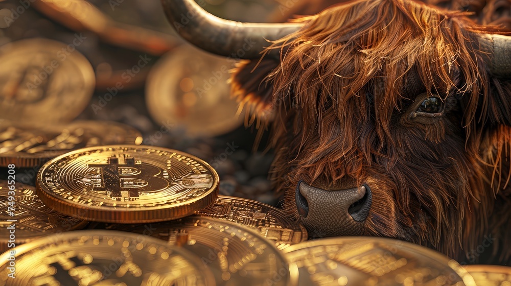 In a close up a Highland cows determined eyes fixate on Bitcoins against a surreal ethereal background - obrazy, fototapety, plakaty 