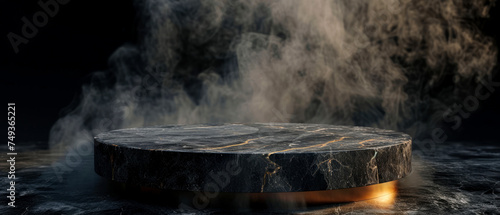 Stone platform, podium with gold shimmer texture, smoke, steam, lights, sparkles on dark background. Mock up with lights effect. Generative AI 