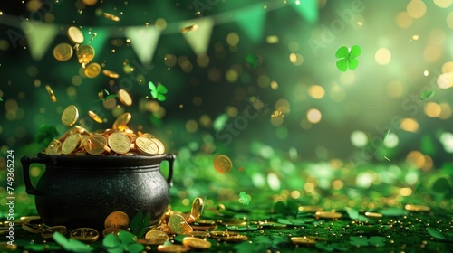 st. Patrick's day green background with black pot and gold conies. a background with shamrocks.