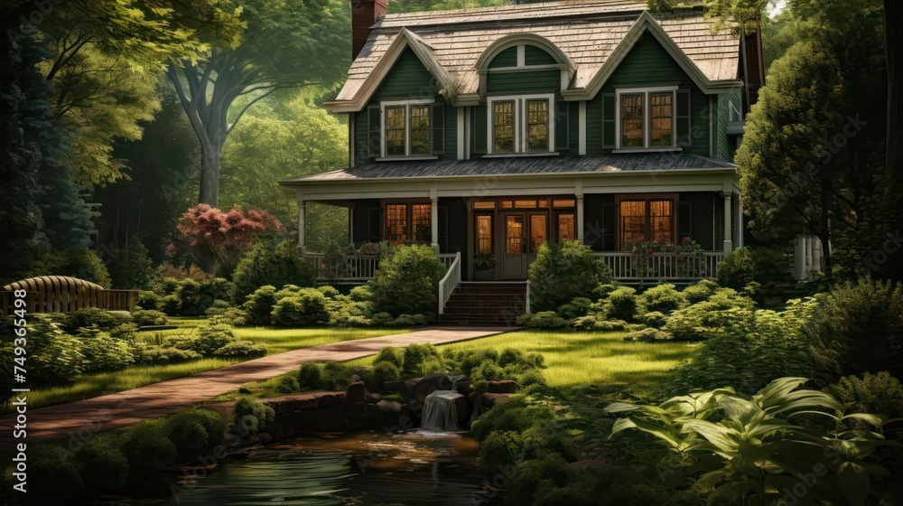 Fototapeta premium serene landscape featuring a classic Colonial-style house surrounded by lush greenery, showcasing timeless elegance