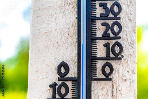 Temperature display thermometer in the garden outdoors in Germany. photo