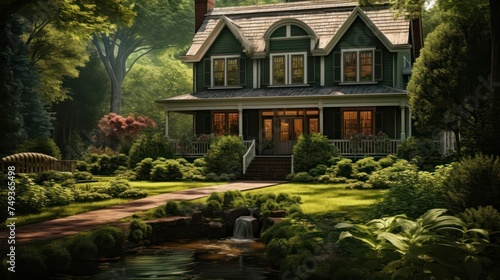 serene landscape featuring a classic Colonial-style house surrounded by lush greenery, showcasing timeless elegance © Tina