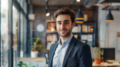 portrait of a young businessman in his 30s standing in a modern office, young entrepreneur smiling 