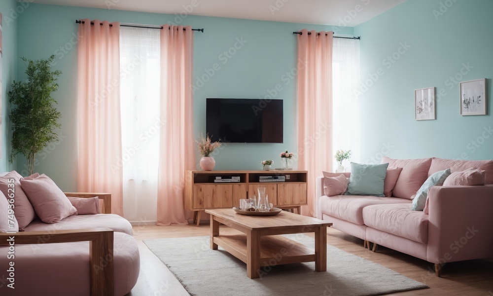 Fototapeta premium Modern living room interior design with tv on the wall. 3d rendering