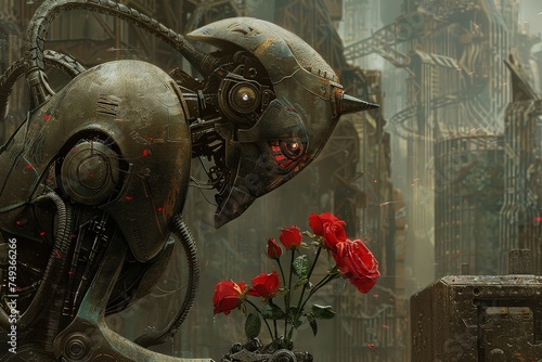 In a cyber wars gloom a machinic Gargoyle robot offers red flowers a beacon of clarity and color