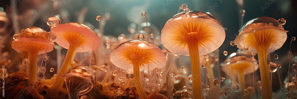 Cluster of Mushrooms Growing in Grass - obrazy, fototapety, plakaty 