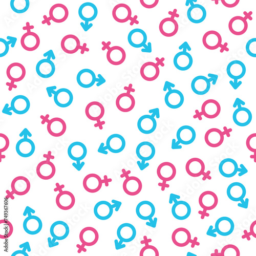 Male and female gender icons seamless pattern background. Man and woman, boy and girl, he and she. Blue and pink. Symbol of the feminine and masculine