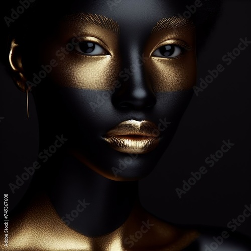 Female model with gold skin and lips makeup 