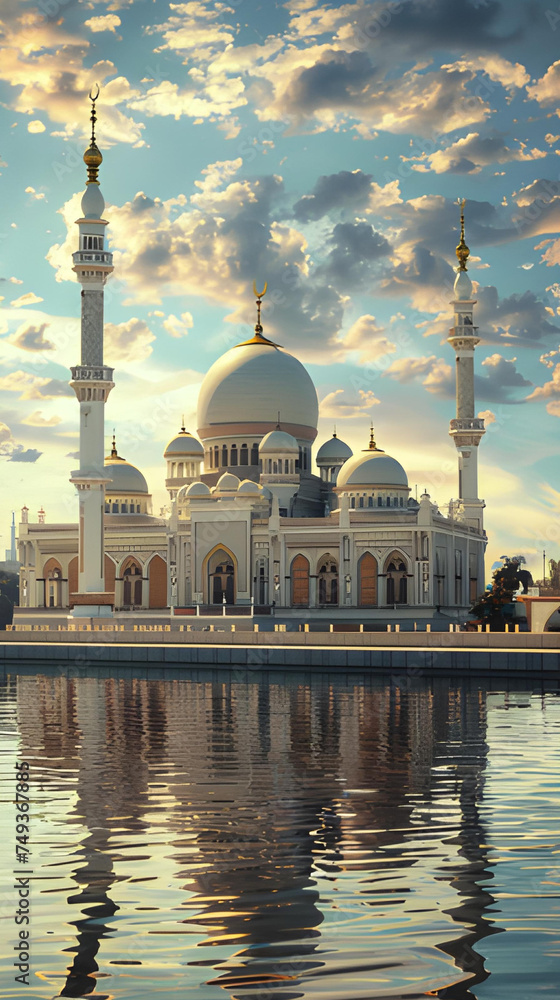 mosque on the riverbank in the morning. Islamic Background
