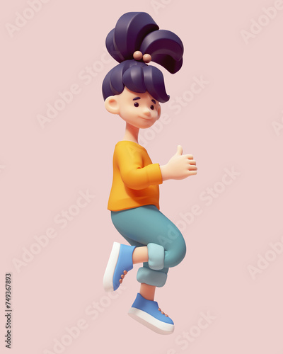 Full length cute kawaii excited asian smiling child girl in casual fashion clothes, yellow pullover, green pants, blue sneakers in jumping pose, showing thumb up, fun, joy. 3d render in pastel colors.