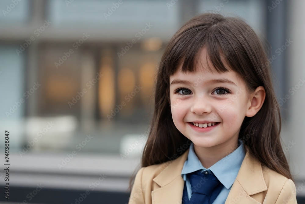 Little girl wearing a suit standing in the office with copy space. Little girl wearing a suit standing in the office with copy space.