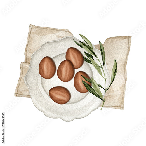 Watercolor chocolate eggs on a plate clipart Illustration photo