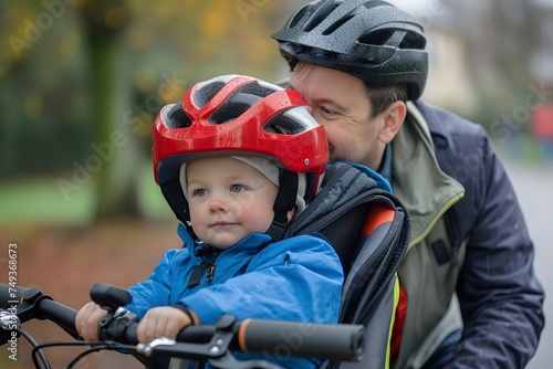 A man and a child wearing helmets while riding a bike.