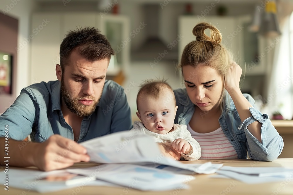 A man and woman are intently looking at a paper, possibly discussing family finances, while a baby curiously looks on. A man and woman are intently looking at a paper, possibly discussing family finances, while a baby curiously looks on.
