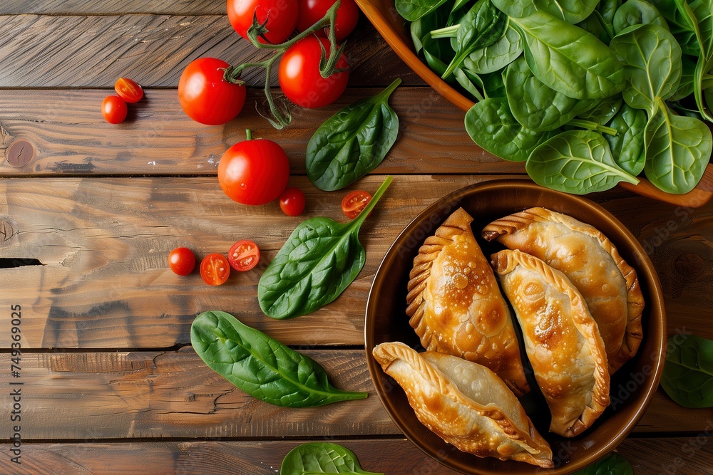 Overhead view of traditional Spanish homemade turnovers on a wooden table. Overhead view of traditional Spanish homemade turnovers on a wooden table.