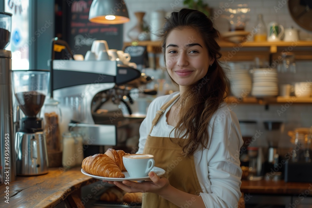A woman gracefully holding a plate of food and a cup of coffee.