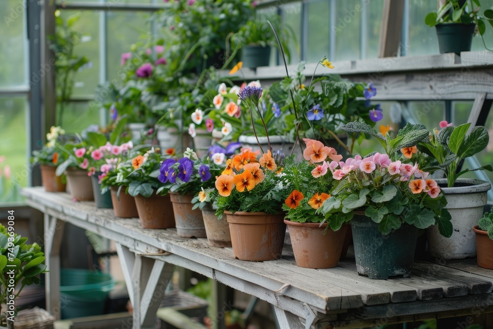 Clay pots with Spring Flowers on wooden bench in Greenhouse. Colorful plants gardening. Herb replanting in the green house
