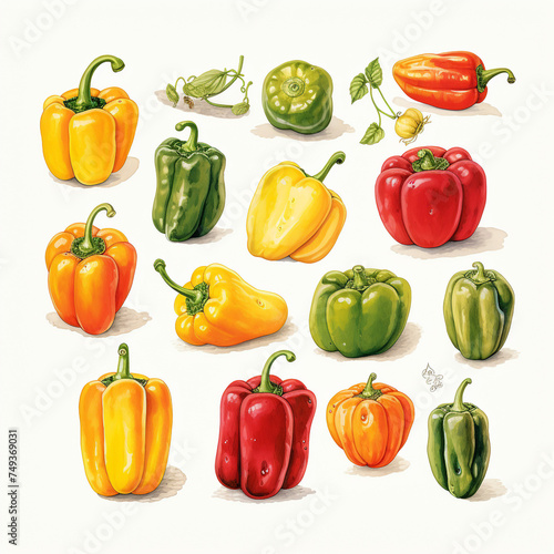 hand drawn cottagecore style, assorted bell peppers, white background сreated with Generative Ai