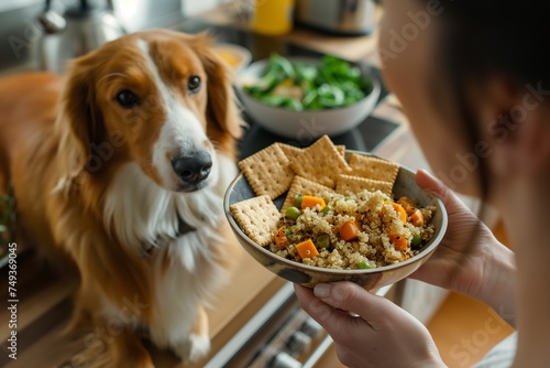 A female putting crackers on a plate while holding a bowl of food  with a dog in the background.