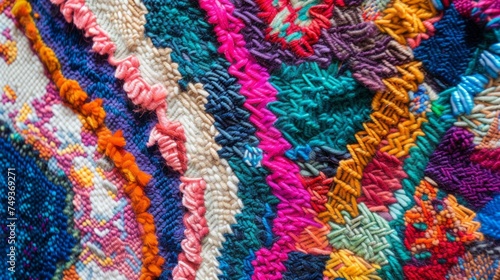 Fragment of colorful retro tapestry textile pattern with floral ornament useful as background