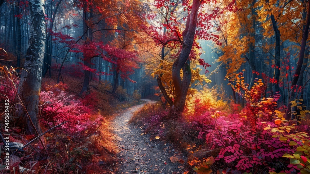  temperate deciduous forest, Autumn forest orange red are way or a road and pine carpet oak beech maple tree willow mysterious colorful leaves trees nature change seasons landscape Top view background