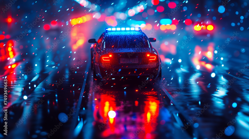 Police car chasing a car at night with fog background. 911 Emergency response police car speeding to scene of crime. Creative decoration. Selective focus - obrazy, fototapety, plakaty 