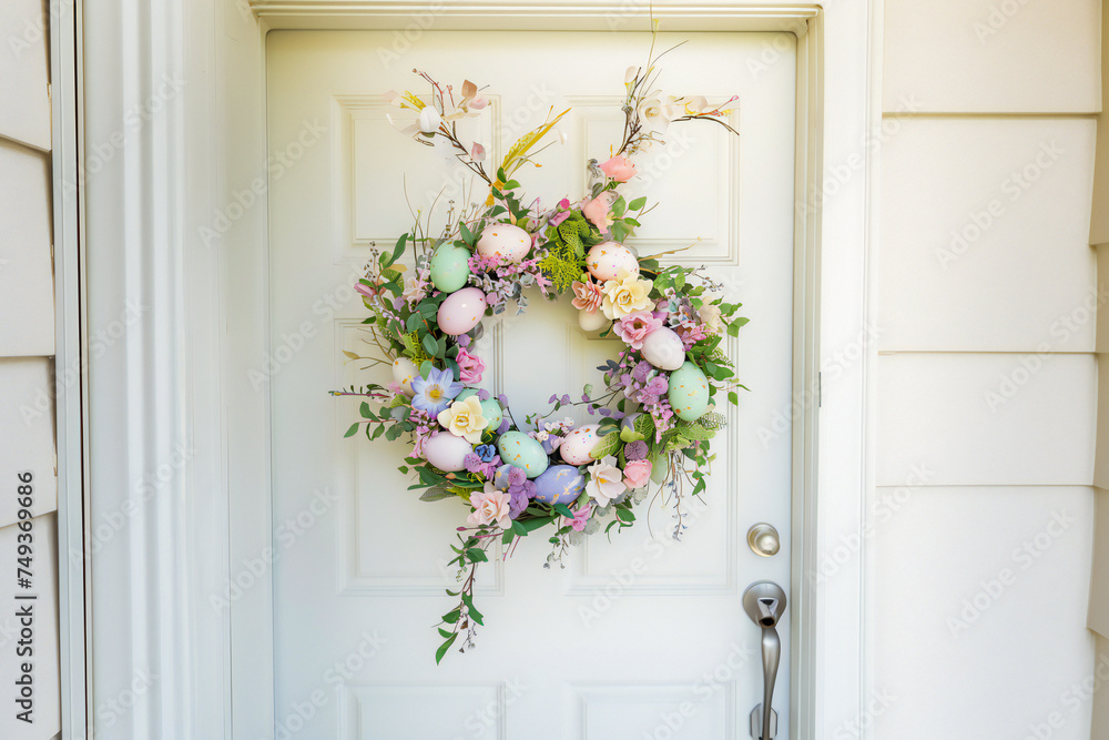 Spring Easter wreath of pastel eggs and flowers on the door of the house Spring Easter wreath of pastel eggs and flowers on the door of the house