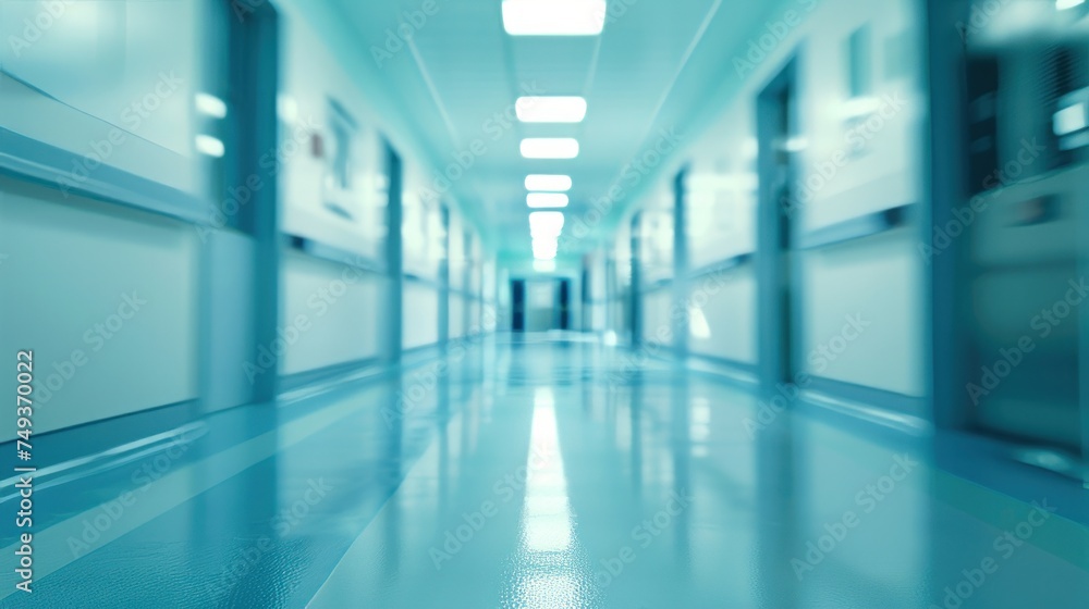 abstract blurred of hospital corridor blue color background concept. 