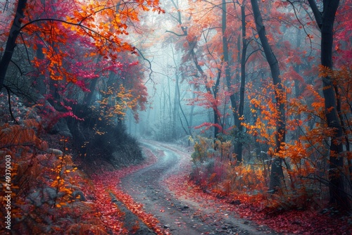  temperate deciduous forest, Autumn forest orange red are way or a road and pine carpet oak beech maple tree willow mysterious colorful leaves trees nature change seasons landscape Top view background