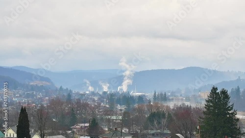 Mountain town USA rainy day early spring season, gloomy weather photo