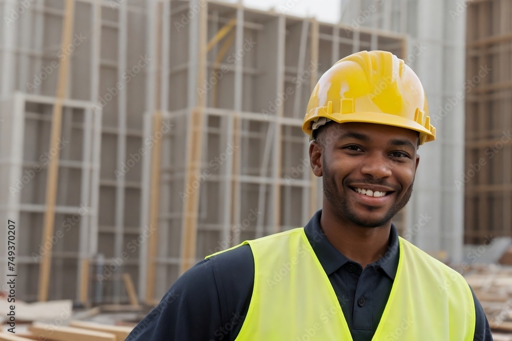 Happy African American construction worker smiling and looking at the camera with copy space. Happy African American construction worker smiling and looking at the camera with copy space.
