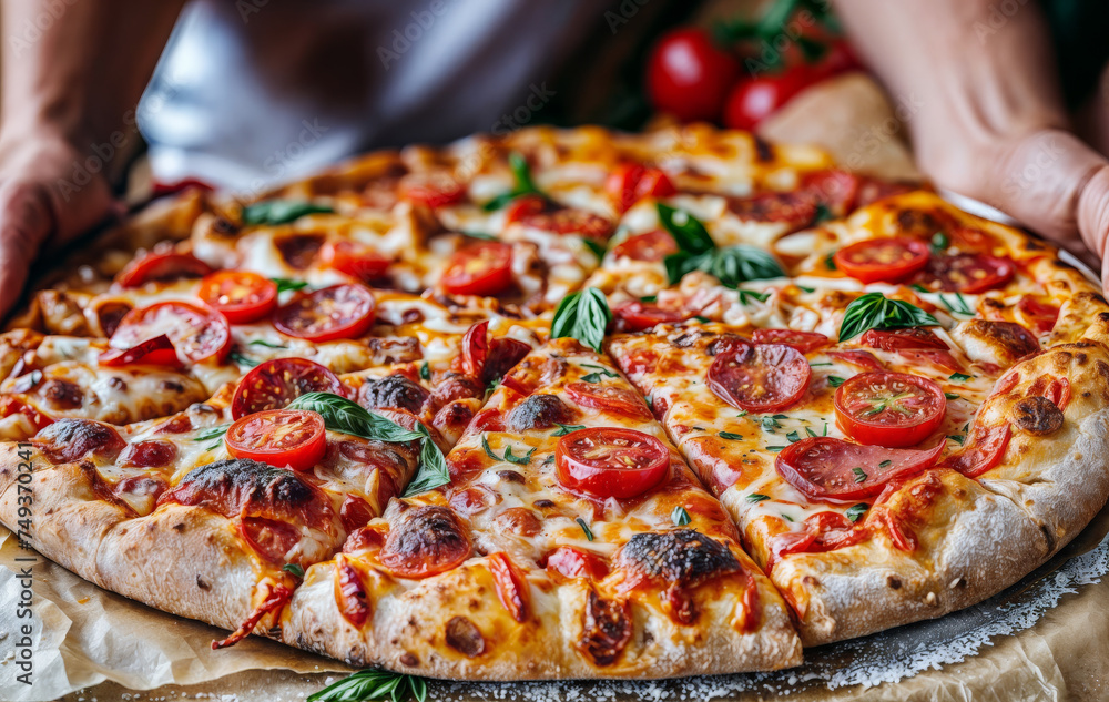 hot pizza in the hands created with Generative AI technology hot pizza in the hands created with Generative AI technology