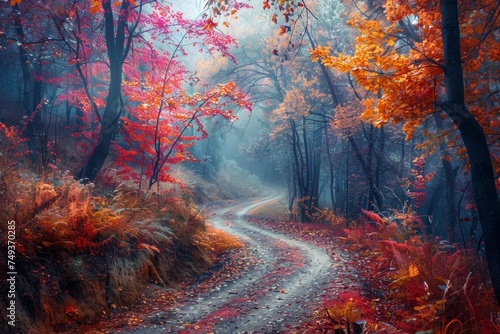  temperate deciduous forest, Autumn forest orange red are way or a road and pine carpet oak beech maple tree willow mysterious colorful leaves trees nature change seasons landscape Top view background