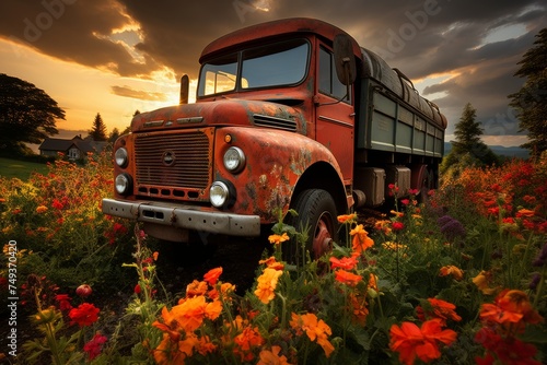 A vintage truck travels through a sunlit field, carrying an assortment of fresh vegetables.The image captures the transportation of produce against a stunning sunset photo