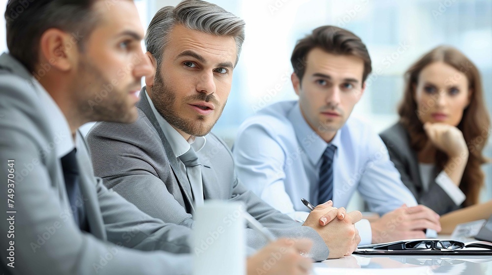 A focused close-up of office staff colleagues attentively discussing a new project with the boss, real photo, stock A focused close-up of office staff colleagues attentively discussing a new project with the boss, real photo, stock