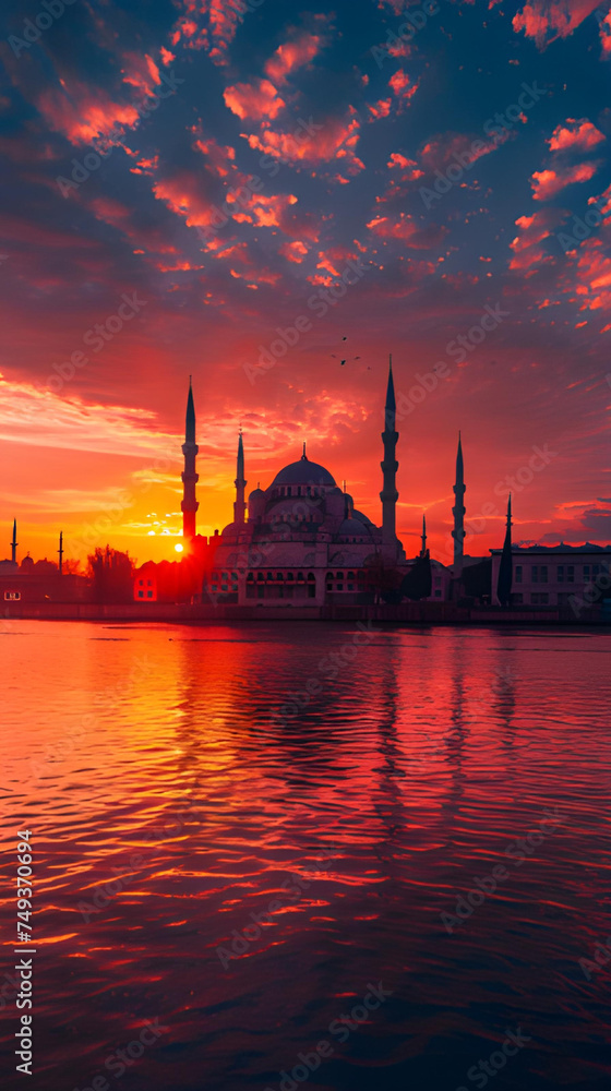 mosque on the riverbank at sunset. Islamic Background
