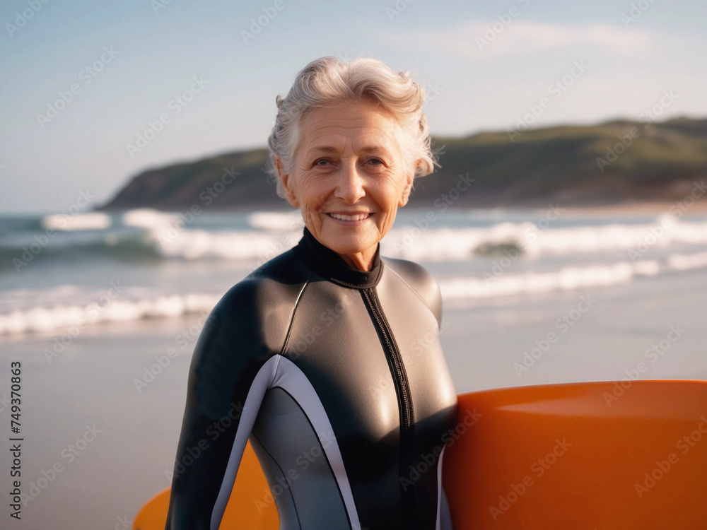 Fototapeta premium Confident senior woman in wetsuit holding surf board on beach sunrise ready to surf waves