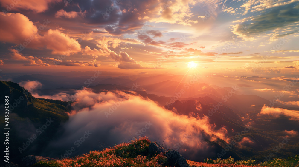 Beautiful sunset above the clouds in the mountains. Nature background.