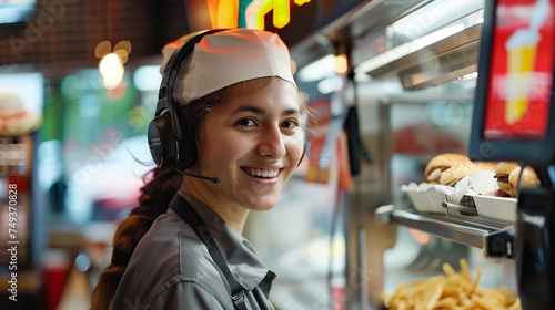 Friendly Fast Food Employee Taking Drive-Thru Orders: A Smiling Worker in Uniform with Headset Against the Backdrop of a Bright and Busy Restaurant Interior, AI Generation