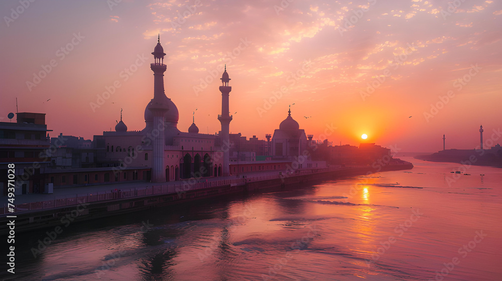 mosque on the riverbank at sunset. Islamic Background
