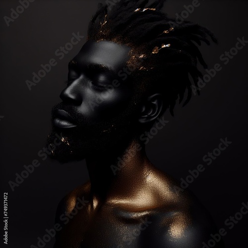 Portrait of a beautiful african man with golden skin on a black background