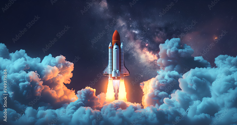 Space rocket launching into space exploration, illustration artwork - obrazy, fototapety, plakaty 