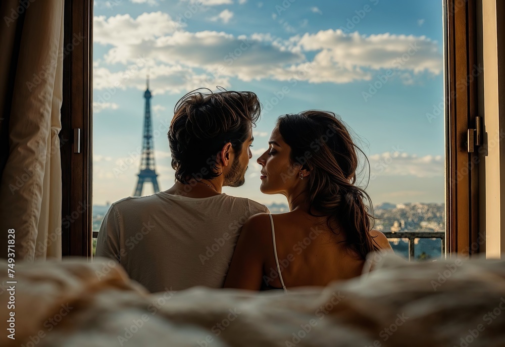 A couple sits together on a bed, looking out at the Eiffel Tower through an open window. The scene is romantic and intimate, with a beautiful view of Paris under a blue sky.