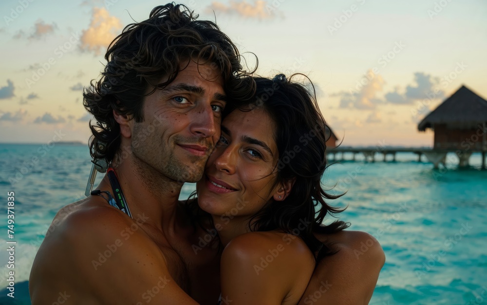 A happy couple embraces in front of turquoise water during sunset. They are smiling and enjoying the serene, tropical setting, with overwater bungalows visible in the background.