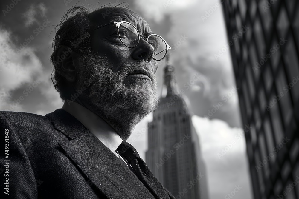 A black and white photo of an older man with glasses and a beard, looking upwards with a serious expression. He is in an urban setting with tall buildings and a cloudy sky.