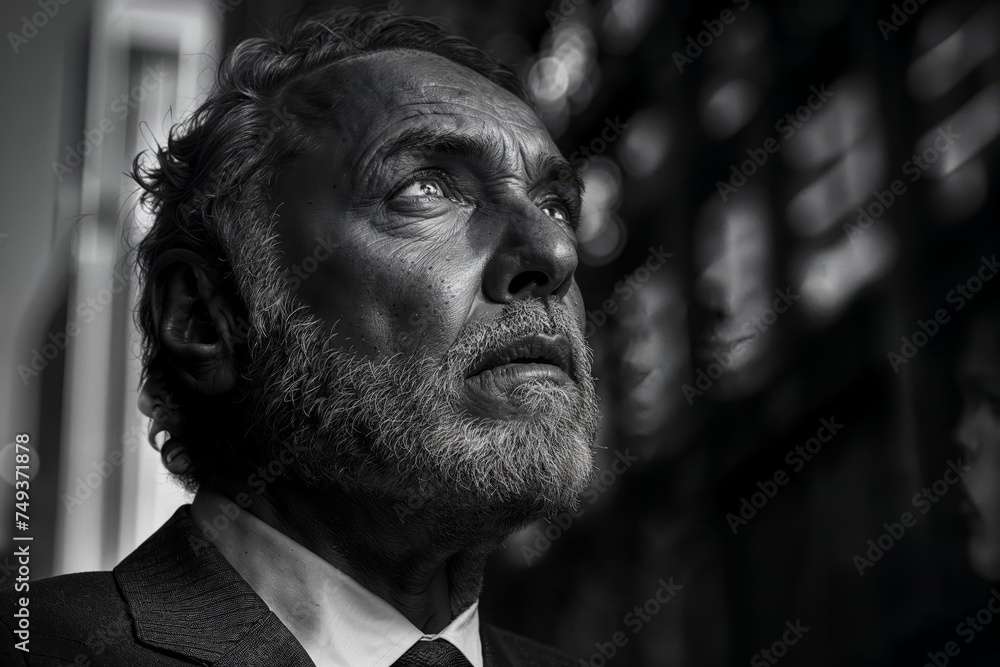 A black and white photo of an older man with a beard, looking upwards with a thoughtful expression. He wears a suit and stands in an urban setting with buildings in the background.