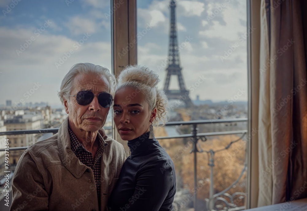 An older man in sunglasses and a young woman stand together by a window with a view of the Eiffel Tower. The scene is elegant and intimate, set in a Parisian backdrop